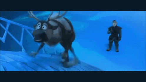 a cartoon reindeer is jumping over a bridge while a man stands in the background