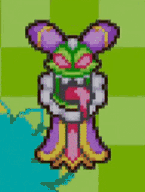 a pixel art of a rabbit with a green mask on its head