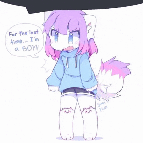 a furry girl with purple hair and a blue hoodie is talking about being a boy in a speech bubble .