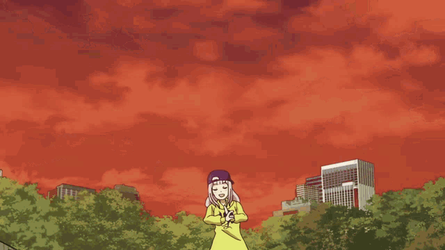 a girl wearing a yellow sweatshirt with a black letter t on it