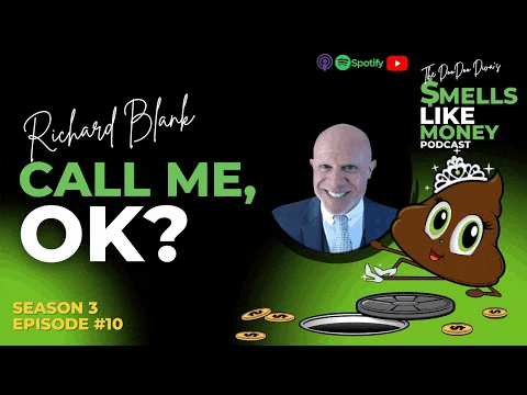 a man in a suit and tie is standing next to a cartoon poop with a tiara on .