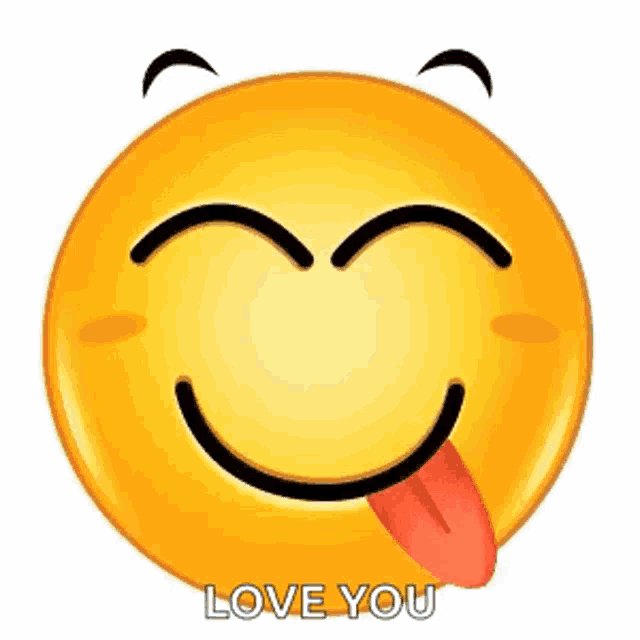 a smiley face with its tongue sticking out and the words `` love you '' written below it .