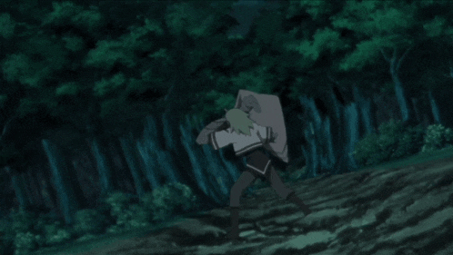 a couple of cartoon characters are fighting in a forest