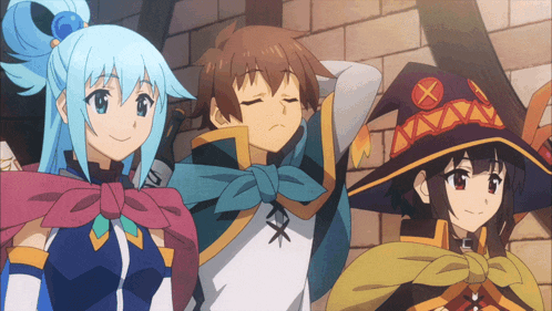 three anime characters with one wearing a witch hat