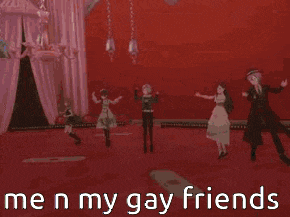 a group of people are dancing on a stage with the words `` me n my gay friends '' .