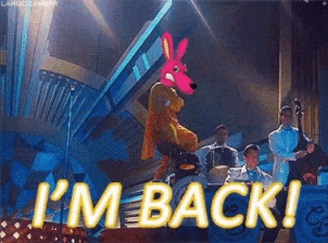 a cartoon of a pink bunny with the words i 'm back