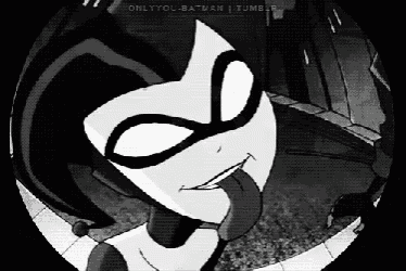 a black and white image of harley quinn sticking out her tongue