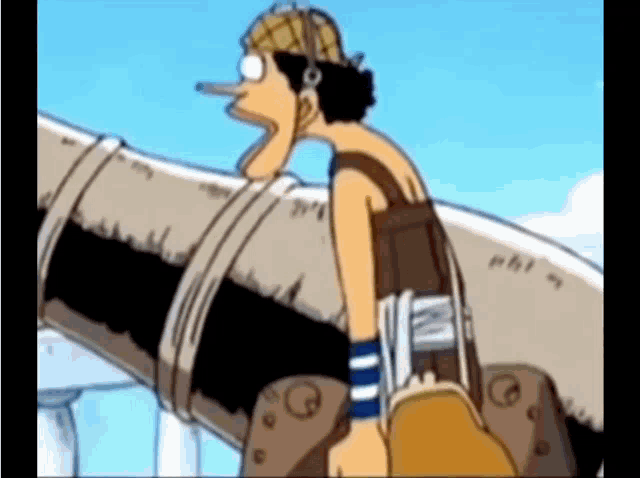 a cartoon of a man with a long nose standing next to a pipe