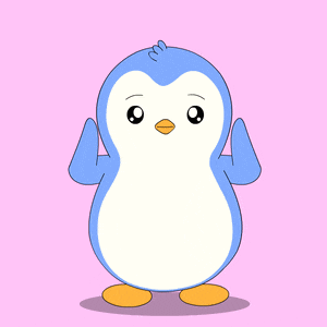 a blue and white penguin on a pink background with its arms outstretched