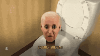 a cartoon of a man sitting on a toilet with the words skibidi biden written below him