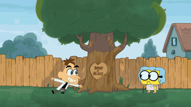 a cartoon drawing of a tree with a heart that says doof alice