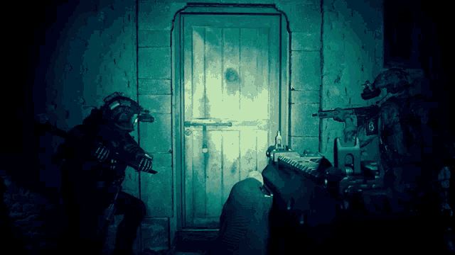 two soldiers are standing in front of a door with a green light coming out of it