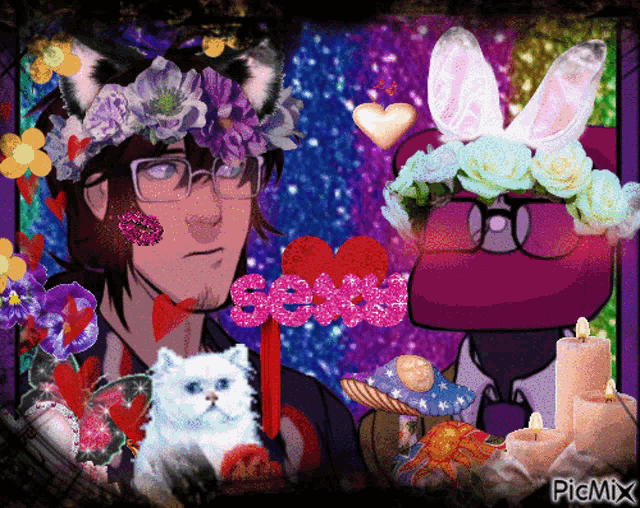 a picture of a man wearing a flower crown and a cat with the word sexy written in pink