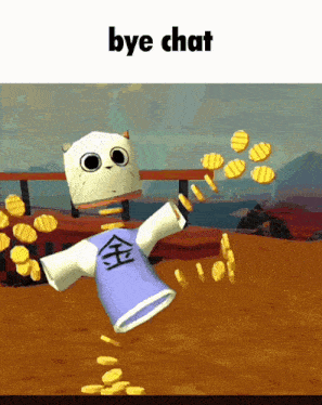 a cartoon character with a purple shirt that says bye chat on it