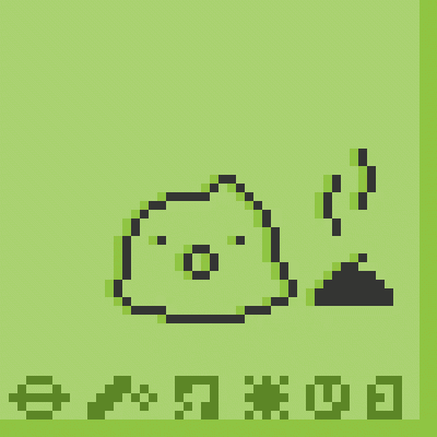 a pixel art drawing of a frog laying on the ground with a pile of dirt behind it