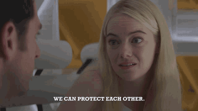 a man and a woman looking at each other with the words we can protect each other