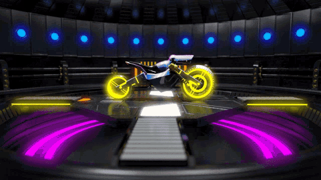 a motorcycle is on display in a dark room with purple lights