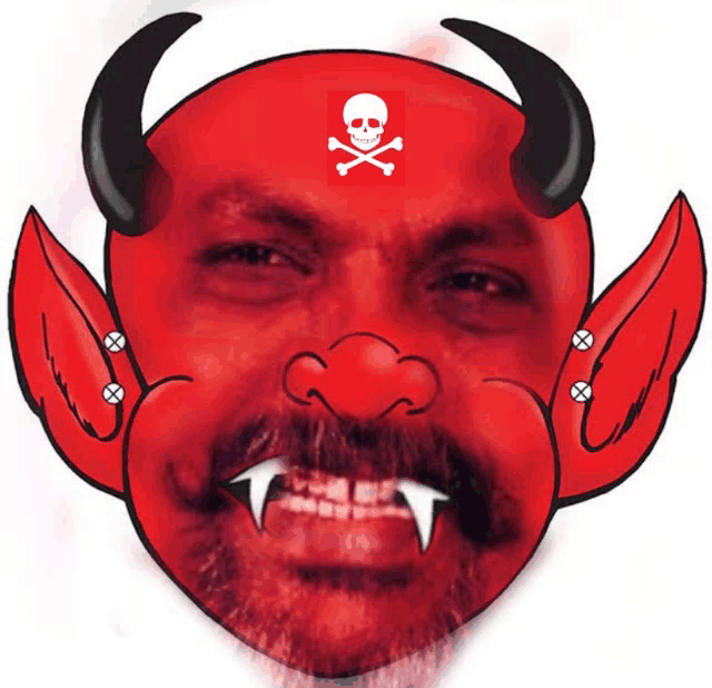 a cartoon of a man with horns and a skull and crossbones on his forehead