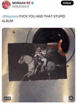 a person is holding a picture of a man riding a horse with the caption " beyonce fvck you and that stupid album "