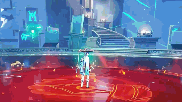 a person in a video game is standing in a room with a red floor and stairs