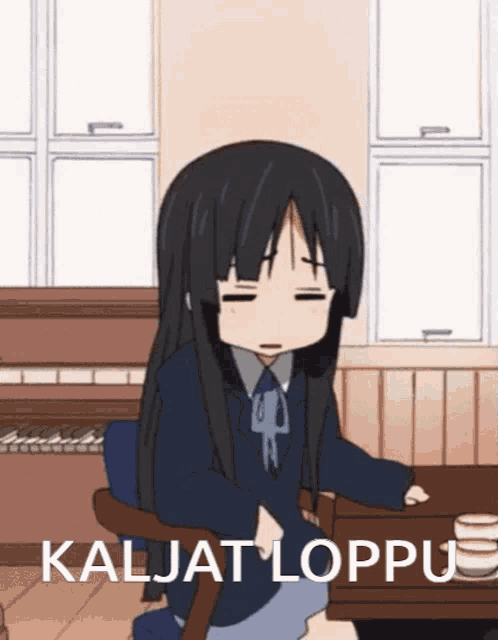 a cartoon of a girl sitting at a table with kalijat loppu written on the bottom