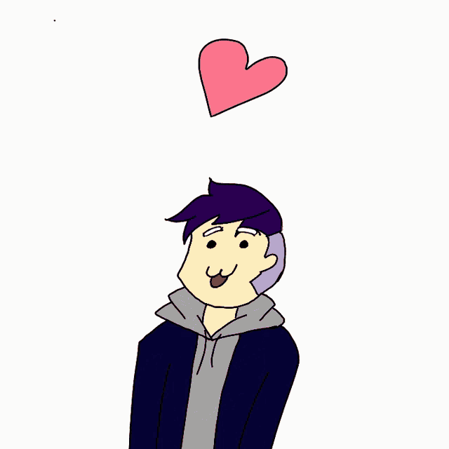 a drawing of a boy with purple hair and a pink heart above him