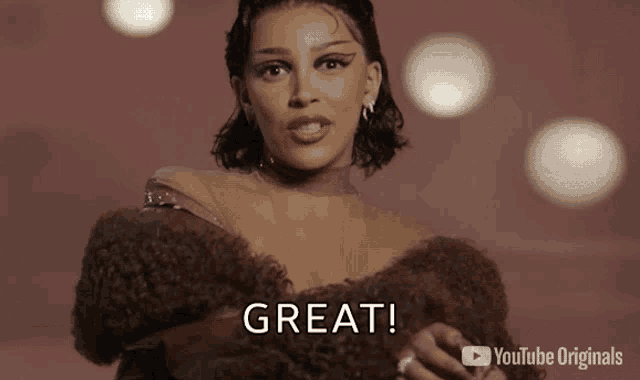 a woman in a fur coat says great in a youtube originals ad