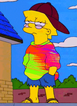a cartoon of lisa simpson wearing a colorful sweater and a baseball cap