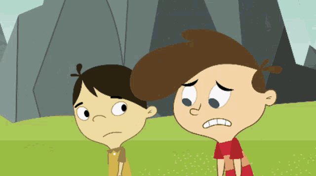 two cartoon characters standing next to each other with one looking sad
