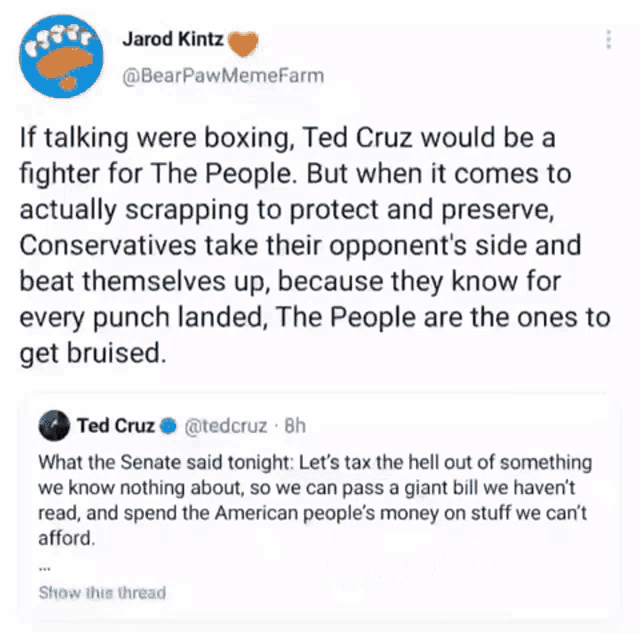 a cartoon of ted cruz is shown next to a tweet