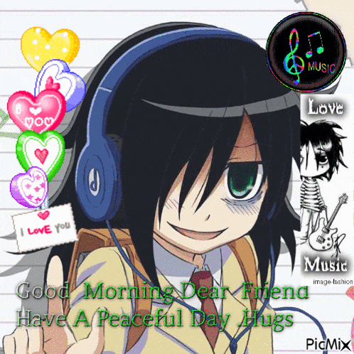 a picture of a girl wearing headphones with the words " good morning dear friend have a peaceful day hugs "