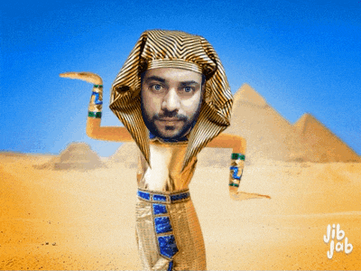 a man in a pharaoh costume with jib job written on the bottom right