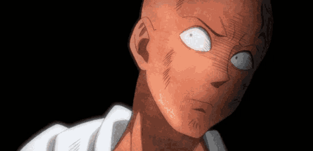 a close up of a bald man 's face with a white eye