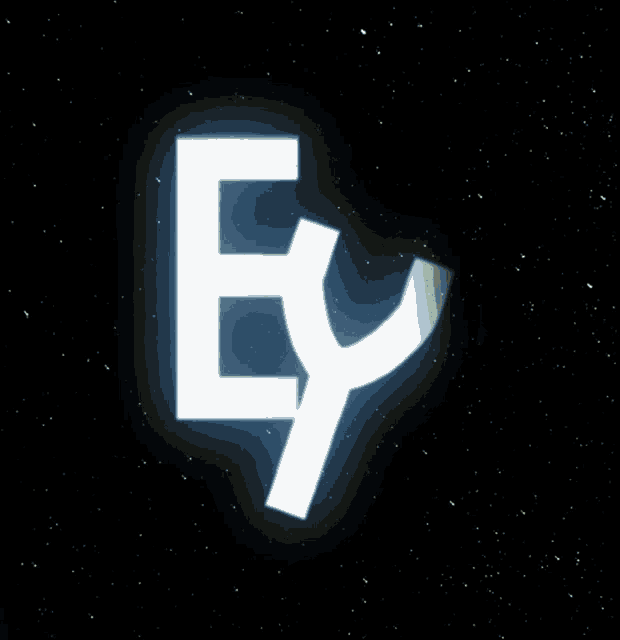 a glowing letter e and y against a dark background