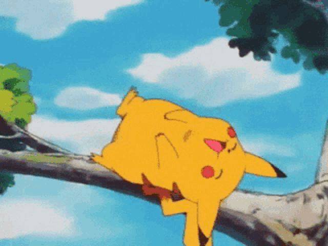 a pikachu is laying on a tree branch with its mouth open