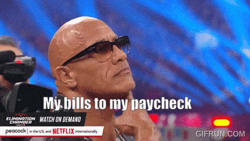 a bald man wearing glasses and sunglasses says my bills to my paycheck