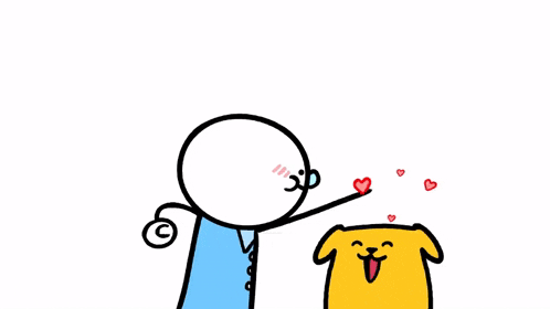 a cartoon of a person petting a yellow dog with hearts around it