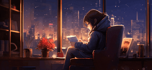 a girl is sitting in a chair reading a book in front of a window