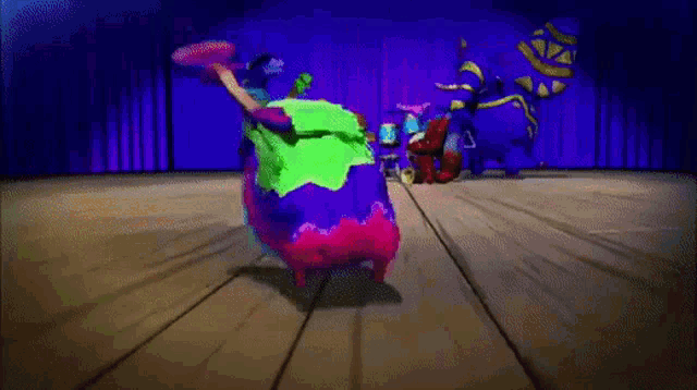 a cartoon character is dancing on a stage with a purple background