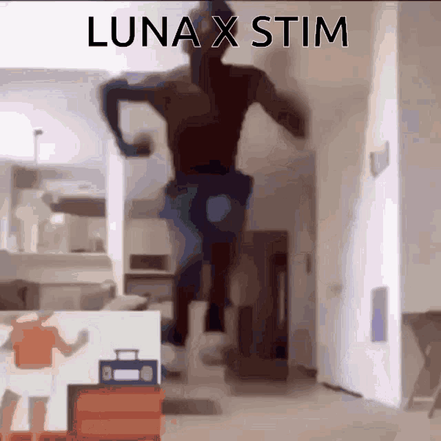 a picture of a man jumping in the air with luna x stim written on the top