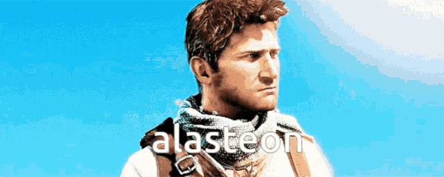 a man with a scarf around his neck stands in front of a blue sky with alasteon written on the bottom