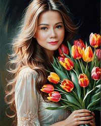 a woman in a white dress is holding a bouquet of tulips
