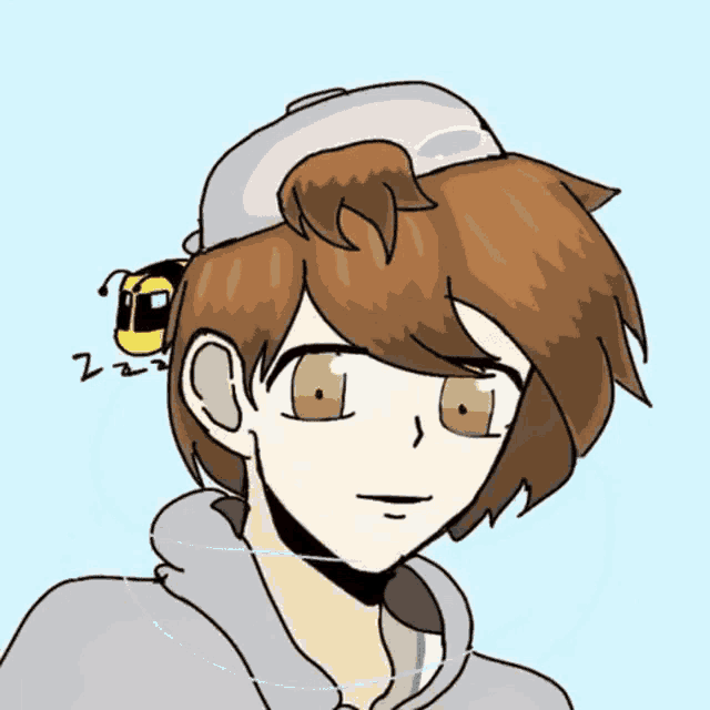 a drawing of a boy with a bee on his head that says zzz on it