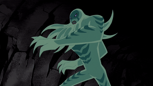 a cartoon character has a green light coming out of his chest