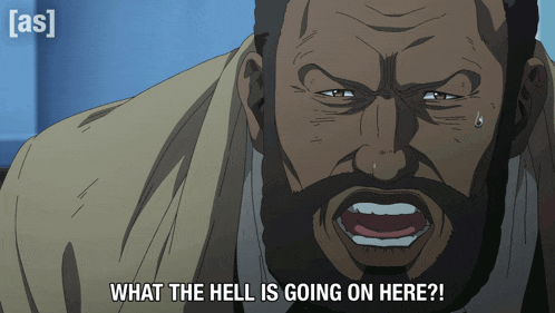 a cartoon of a man with the words what the hell is going on here below him