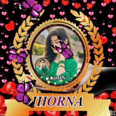 a picture of a girl with purple butterflies and the name horna on the bottom