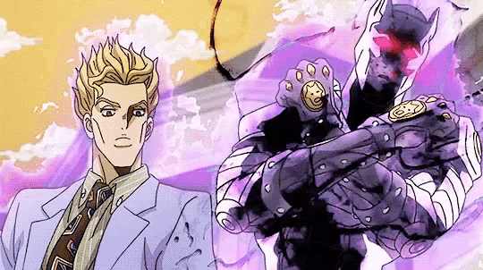 a cartoon of a man in a suit and tie standing next to a purple monster