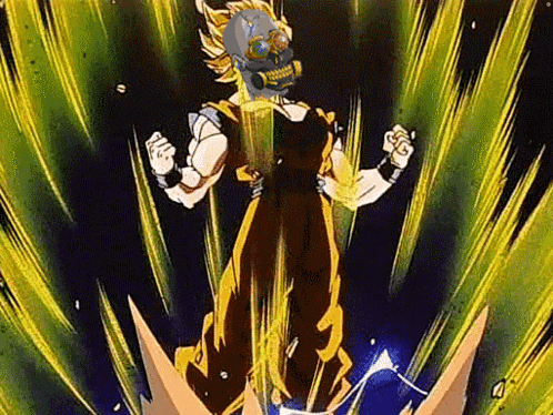a cartoon character with a gas mask on his head is standing in front of a glowing yellow background .
