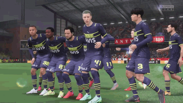 a group of soccer players wearing jerseys that say avis on them