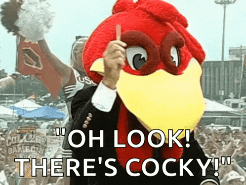 a man in a suit with a chicken mascot on his head says oh look there 's cocky
